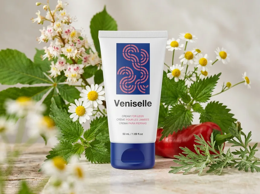 Tubo de crema Veniselle junto a hojas botánicas verdes sobre fondo claro