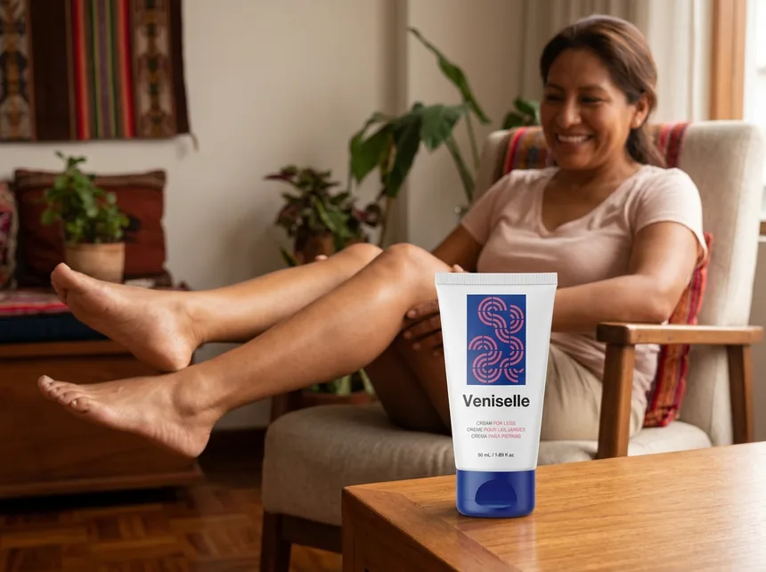 Tubo de crema Veniselle junto a hierbas botánicas frescas — cuidado natural de piernas