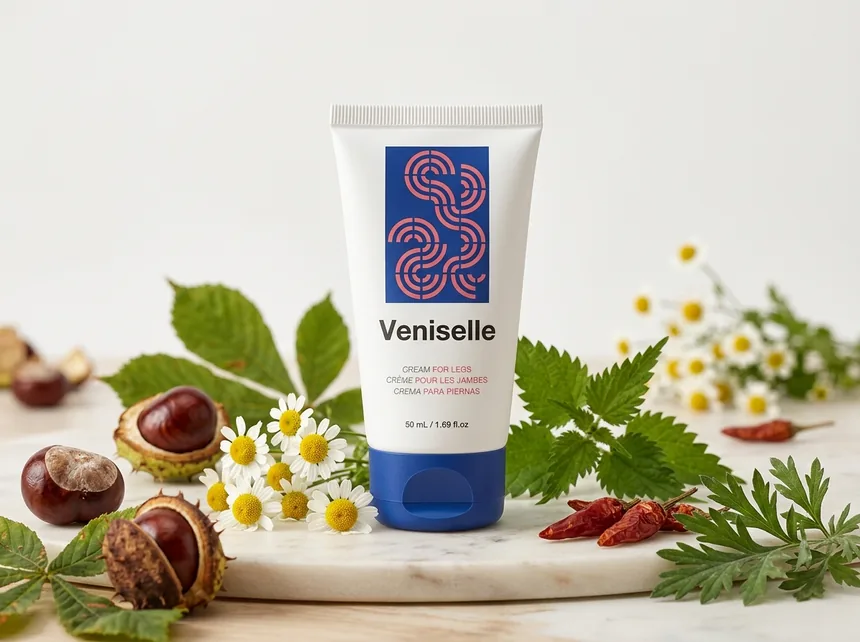 Crema Veniselle aplicada en piernas con hojas de menta fresca al fondo