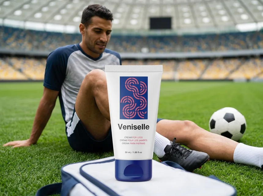 Crema Veniselle y botella de agua deportiva sobre un banco de gimnasio después del entrenamiento